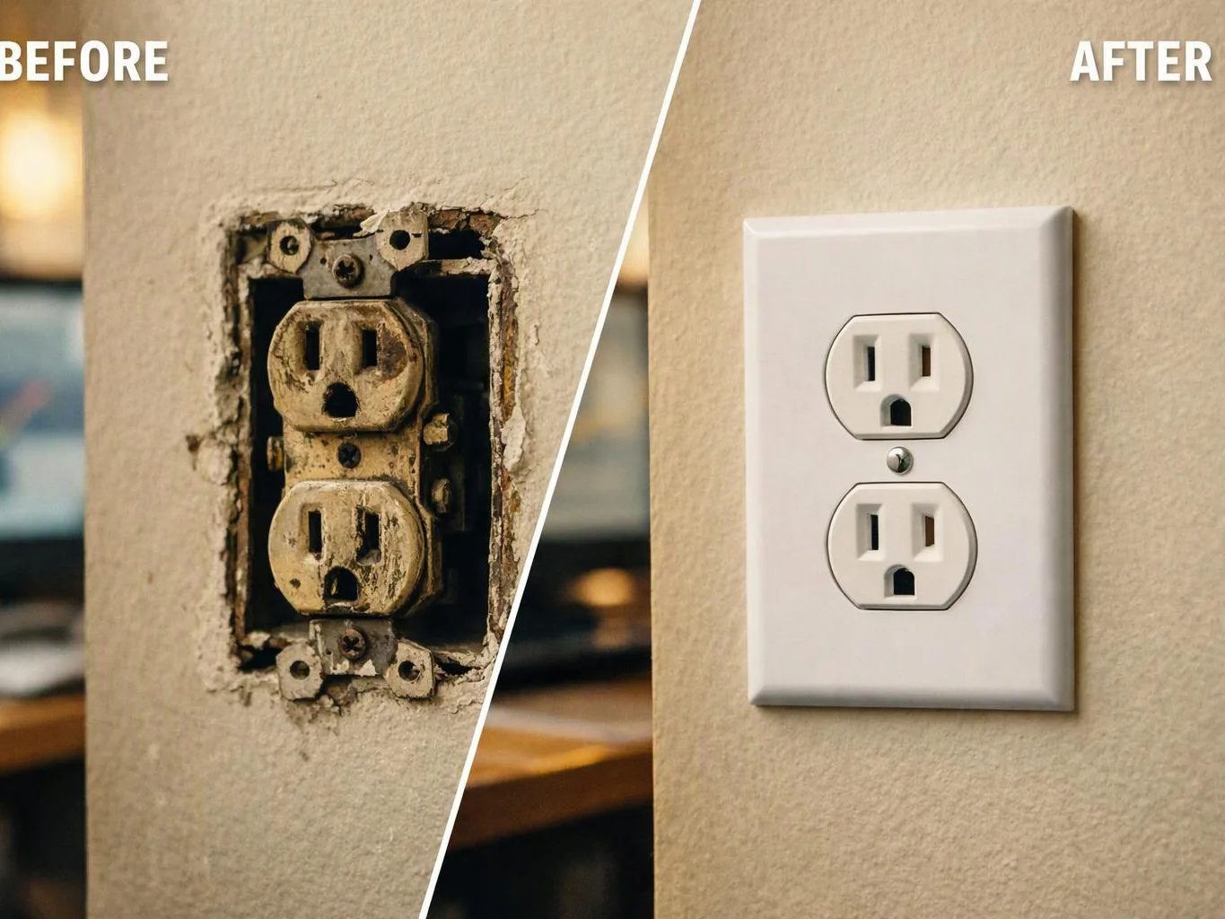 A before-and-after image shows a damaged old wall outlet replaced with a clean white outlet on a beige wall