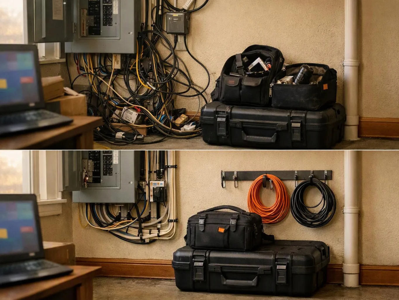 A before-and-after split view shows a messy electrical wall with loose cables above