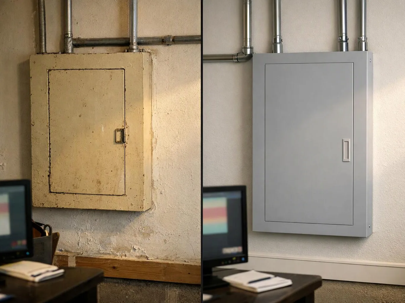 A before and after view shows an old beige electrical panel beside a clean gray replacement on a wall