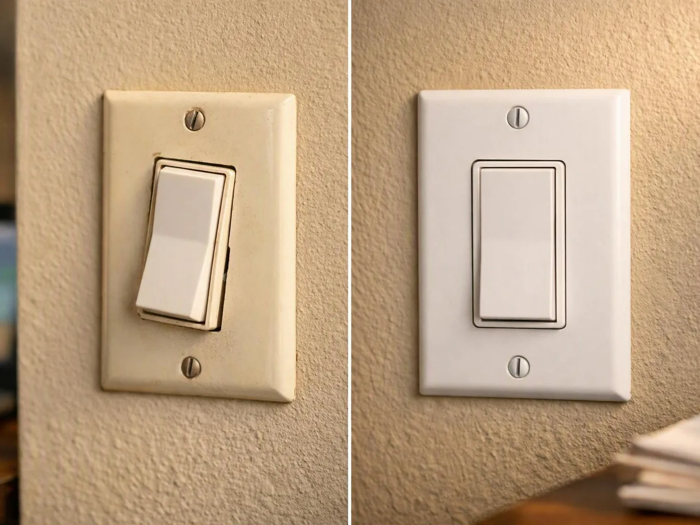 A before-and-after view shows a wall light switch changing from tilted and worn to straight and clean