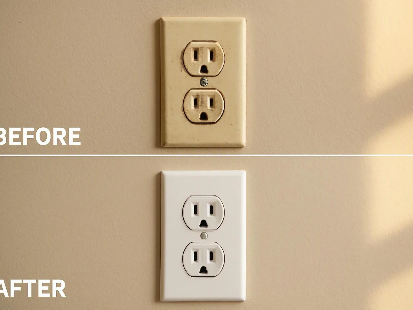 Before-and-after view of a wall outlet plate, yellowed on top and clean white below
