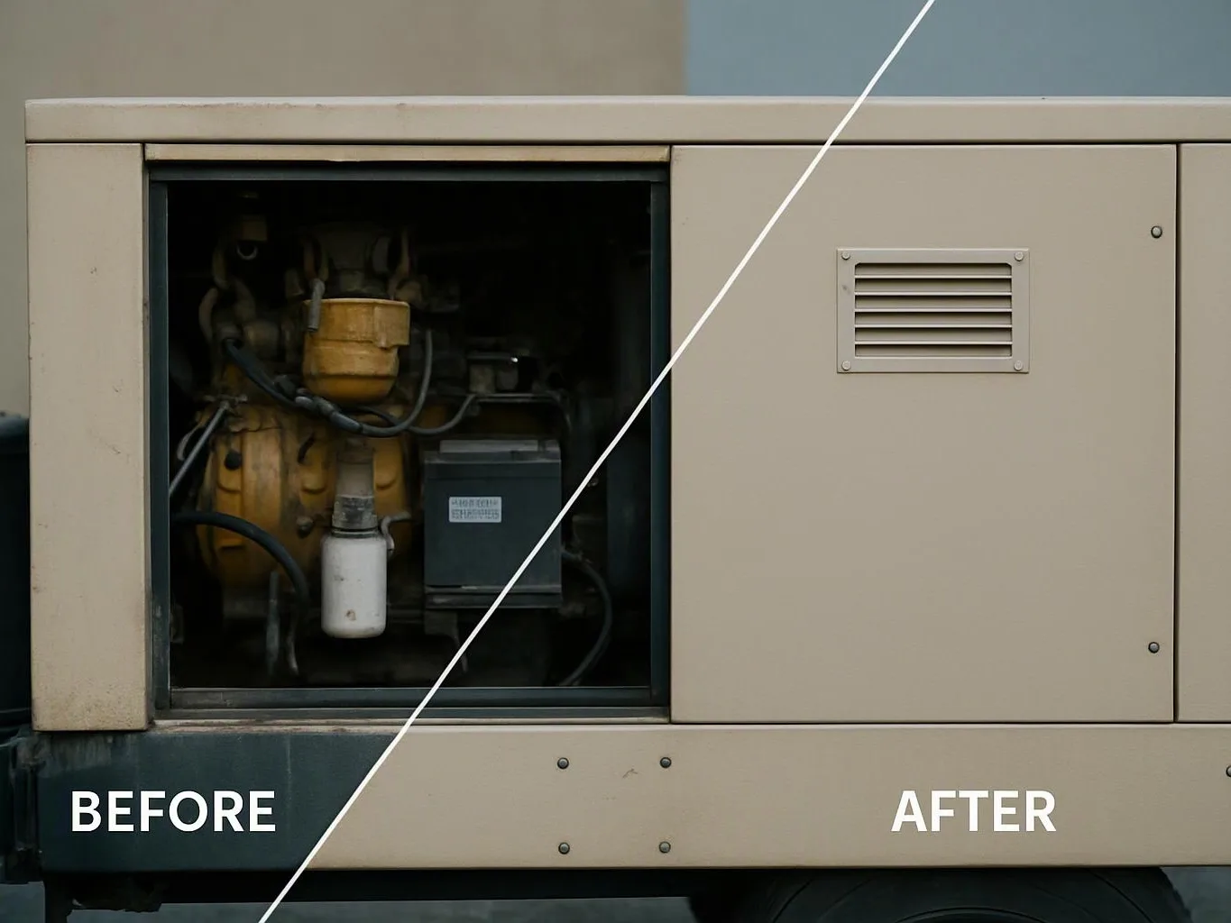 A beige industrial machine is shown split between before and after