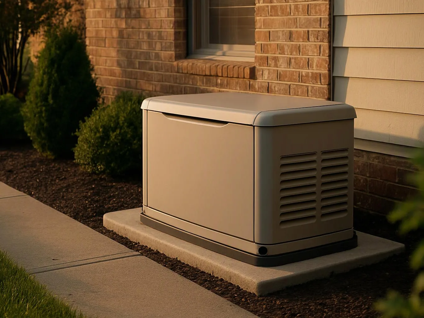A beige outdoor generator sits on a concrete pad beside a brick house and sidewalk