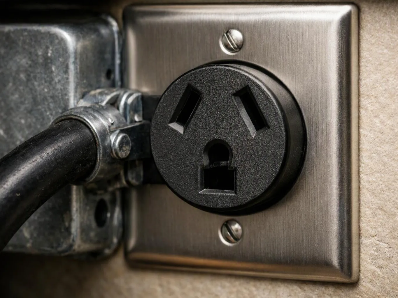 A black power cord plugs into a metal wall outlet plate on a beige wall