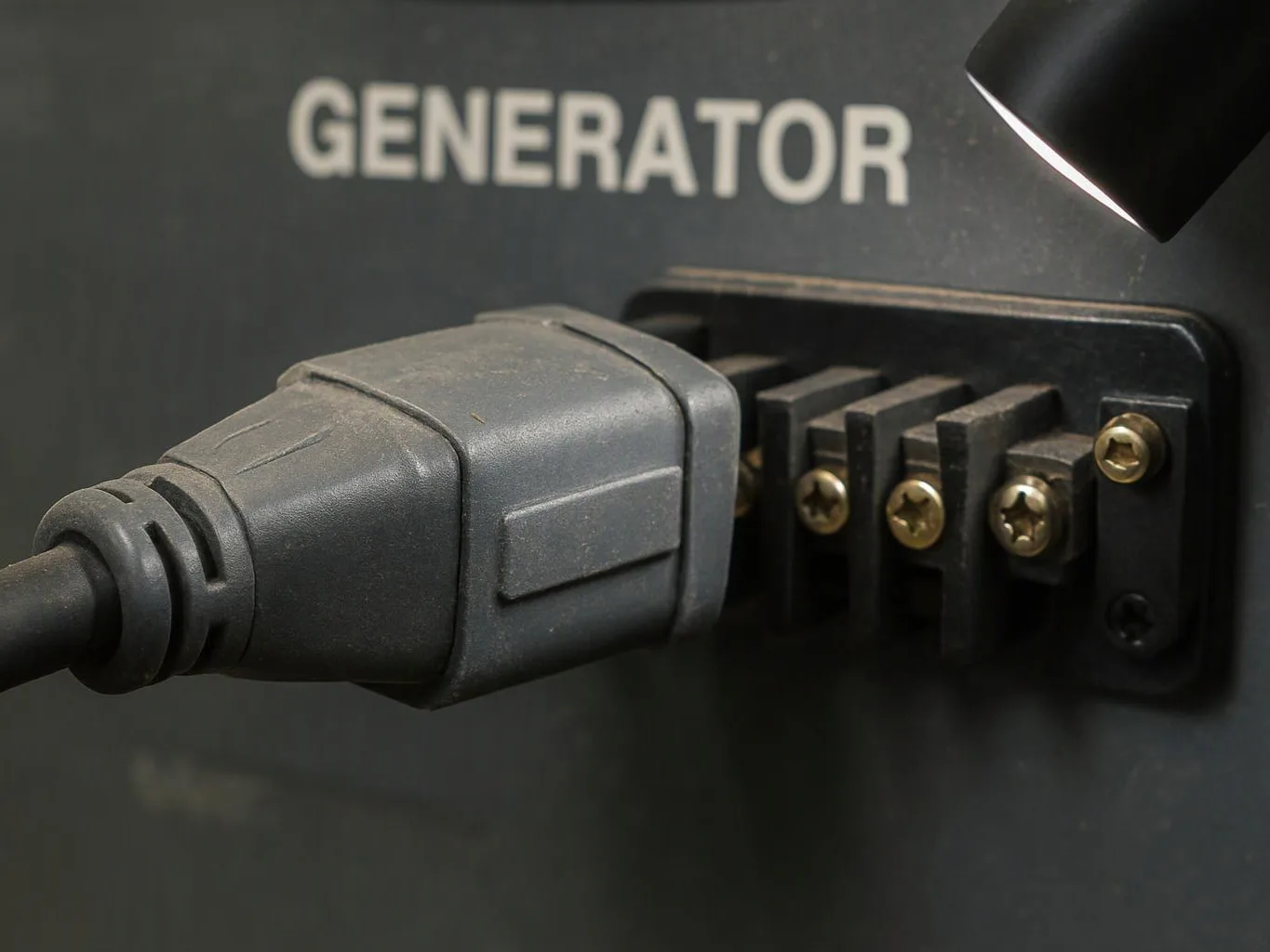 A black power plug is inserted into a generator panel labeled “GENERATOR”
