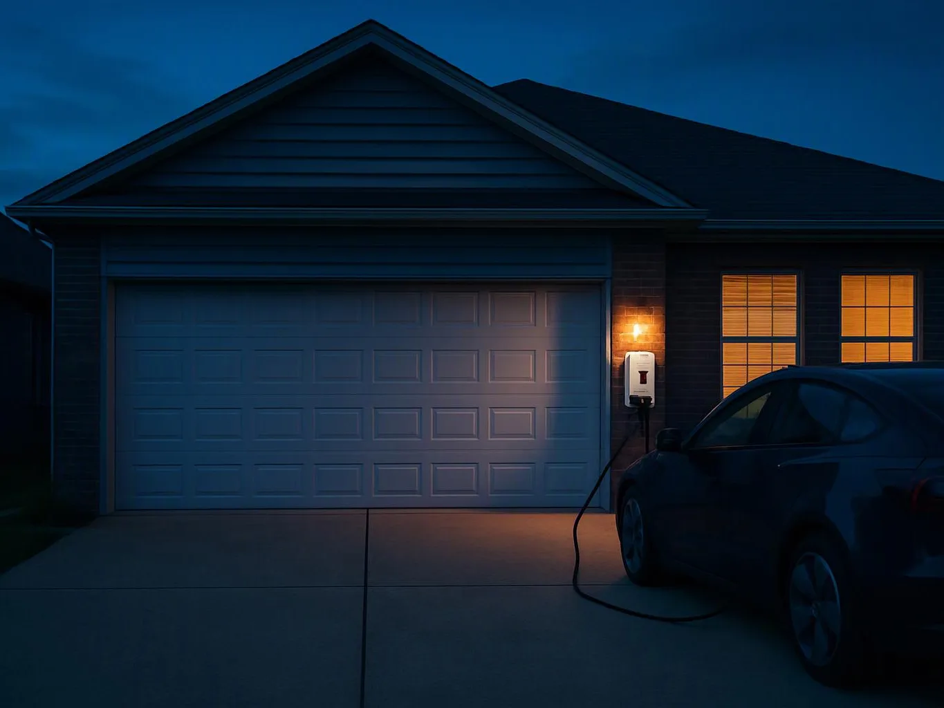A car sits plugged into a wall charger beside a lit garage at night