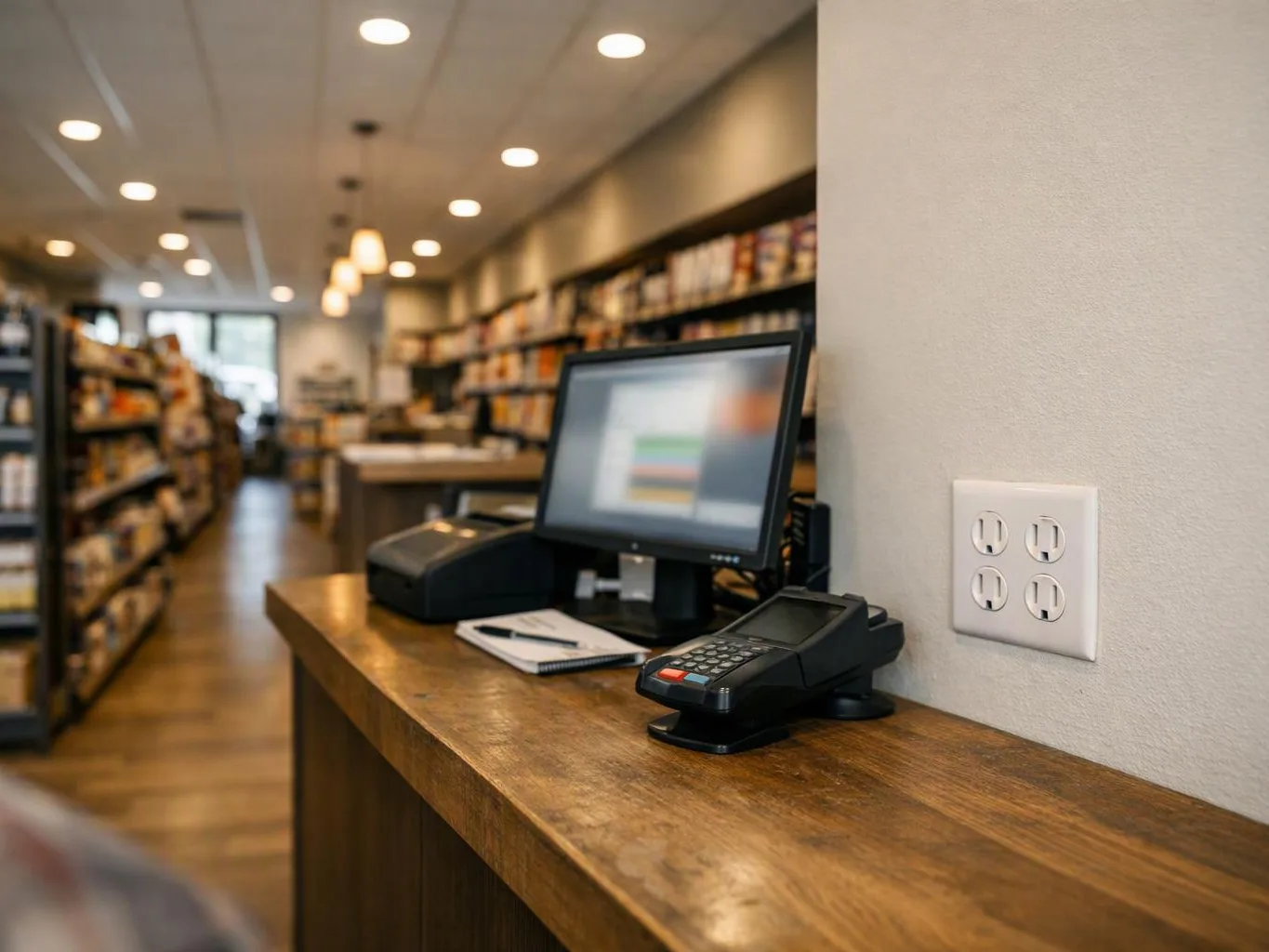 A checkout counter with a monitor, card reader, receipt printer, and notebook sits in a small shop aisle