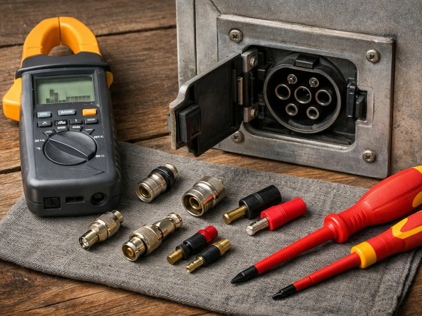 A clamp meter, connectors, and red test probes sit beside an open electrical socket on a wooden table