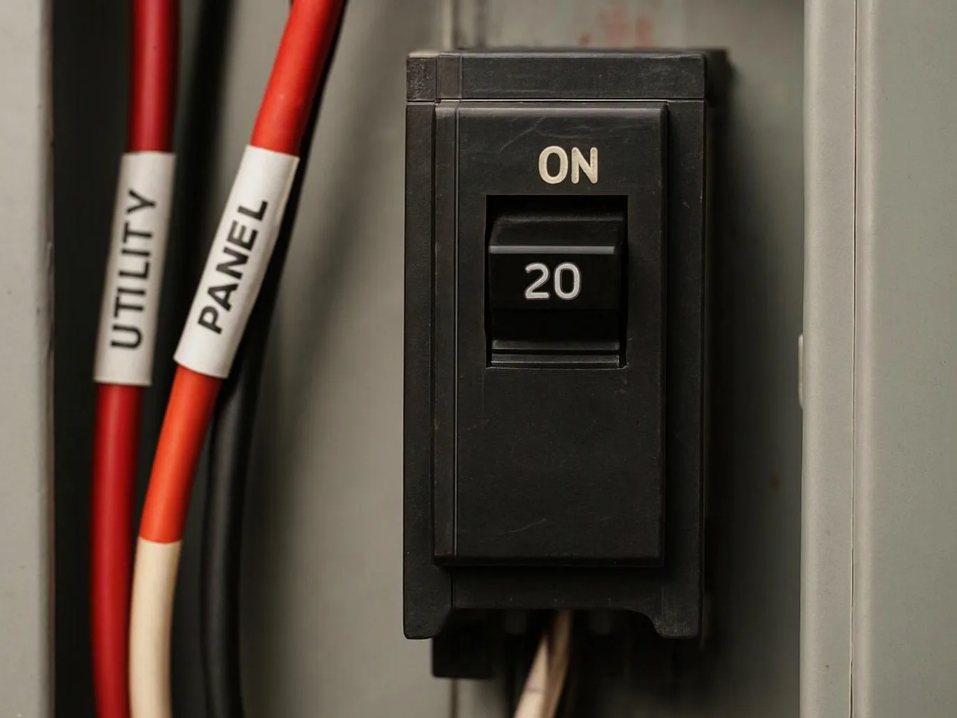 Close-up of a black circuit breaker labeled ON 20 beside red wires marked UTILITY and PANEL