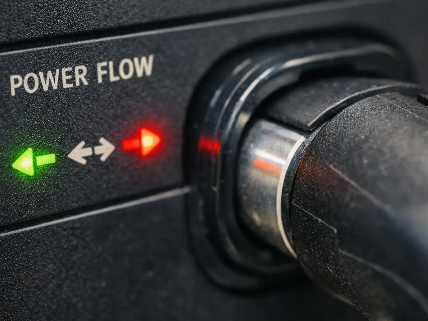 Close-up of a black device panel labeled POWER FLOW with green and red indicator lights beside a plugged-in cable