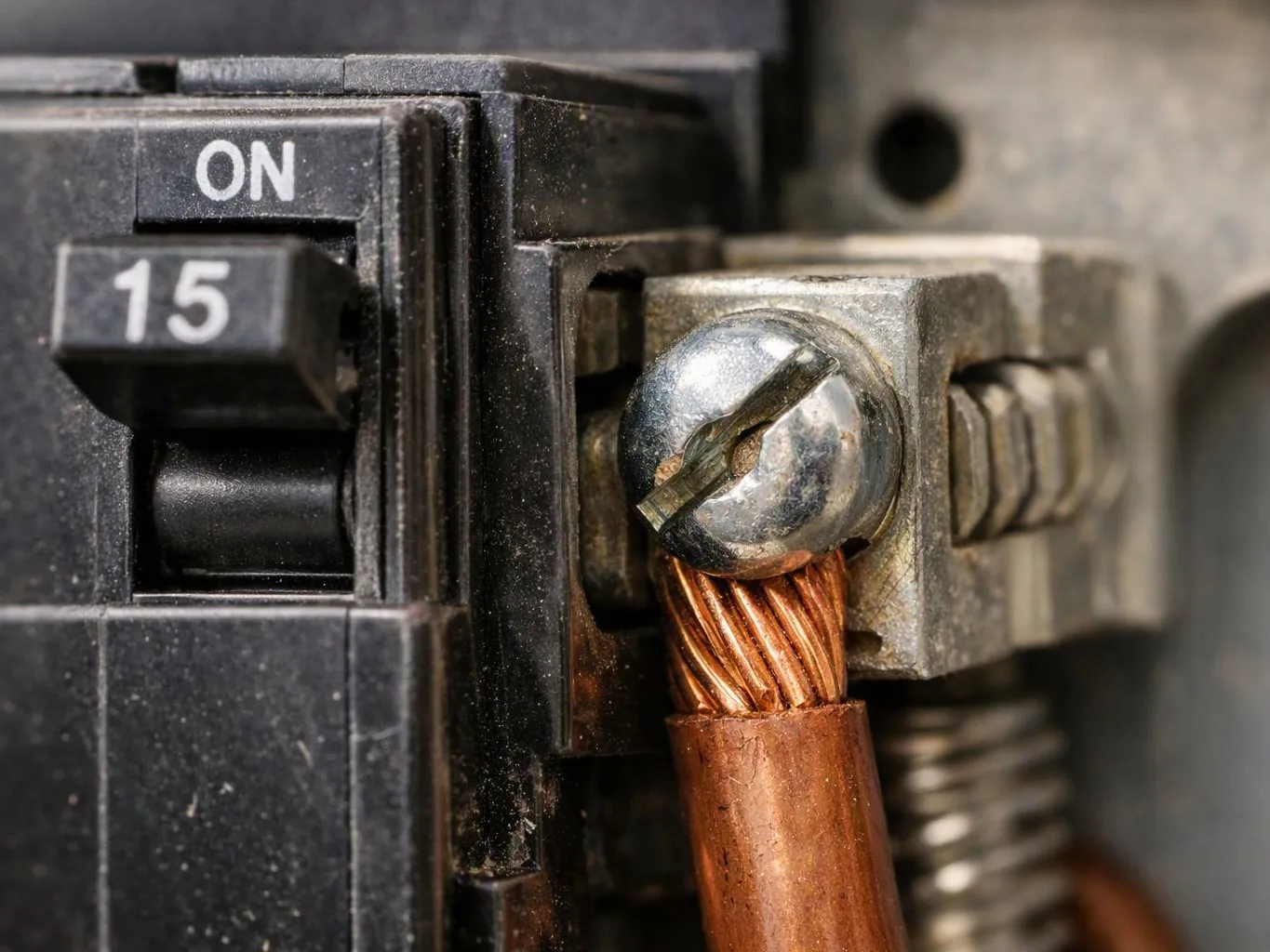 Close-up of a circuit breaker with a copper wire clamped under a shiny screw