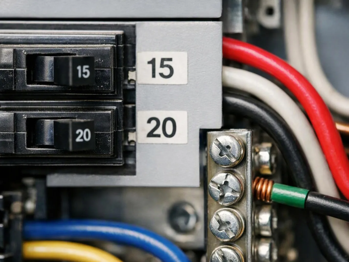 Close-up of an electrical breaker panel with labeled switches, colored wires, and metal terminal screws