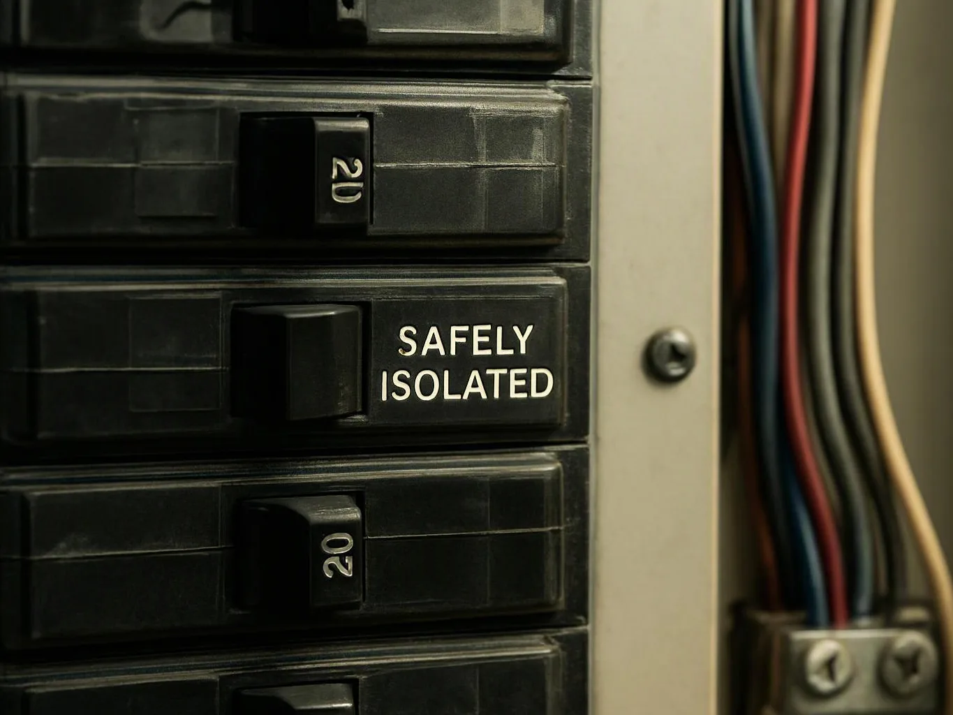 Close-up of an electrical breaker panel with switches, “SAFELY ISOLATED” text, and bundled wires on the right