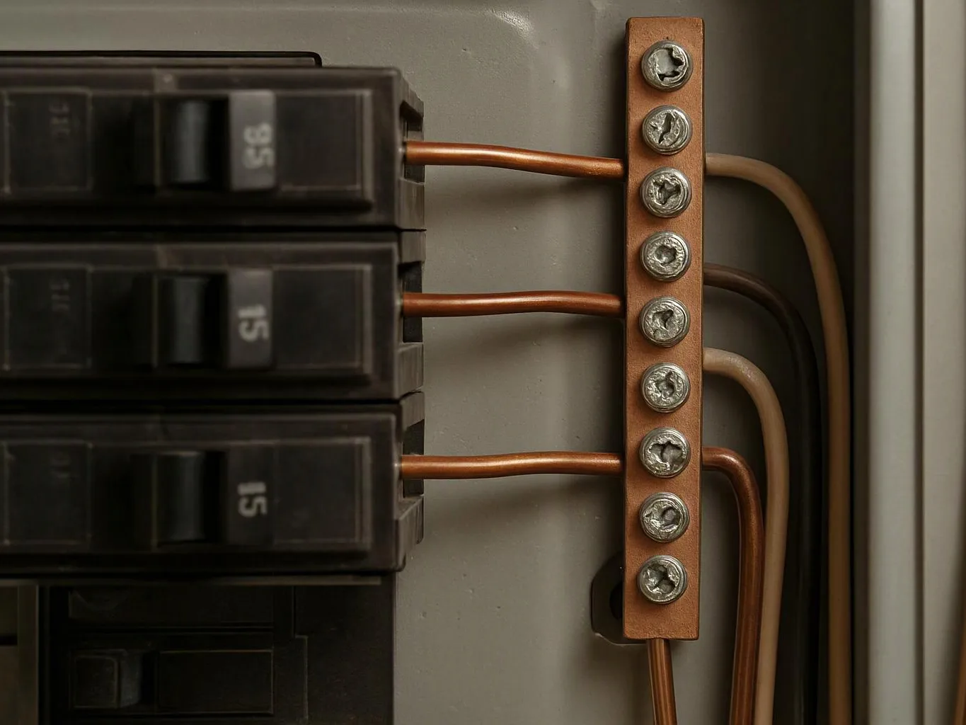 Close-up of an electrical panel with black breakers, copper wires, and a vertical terminal bar with screws