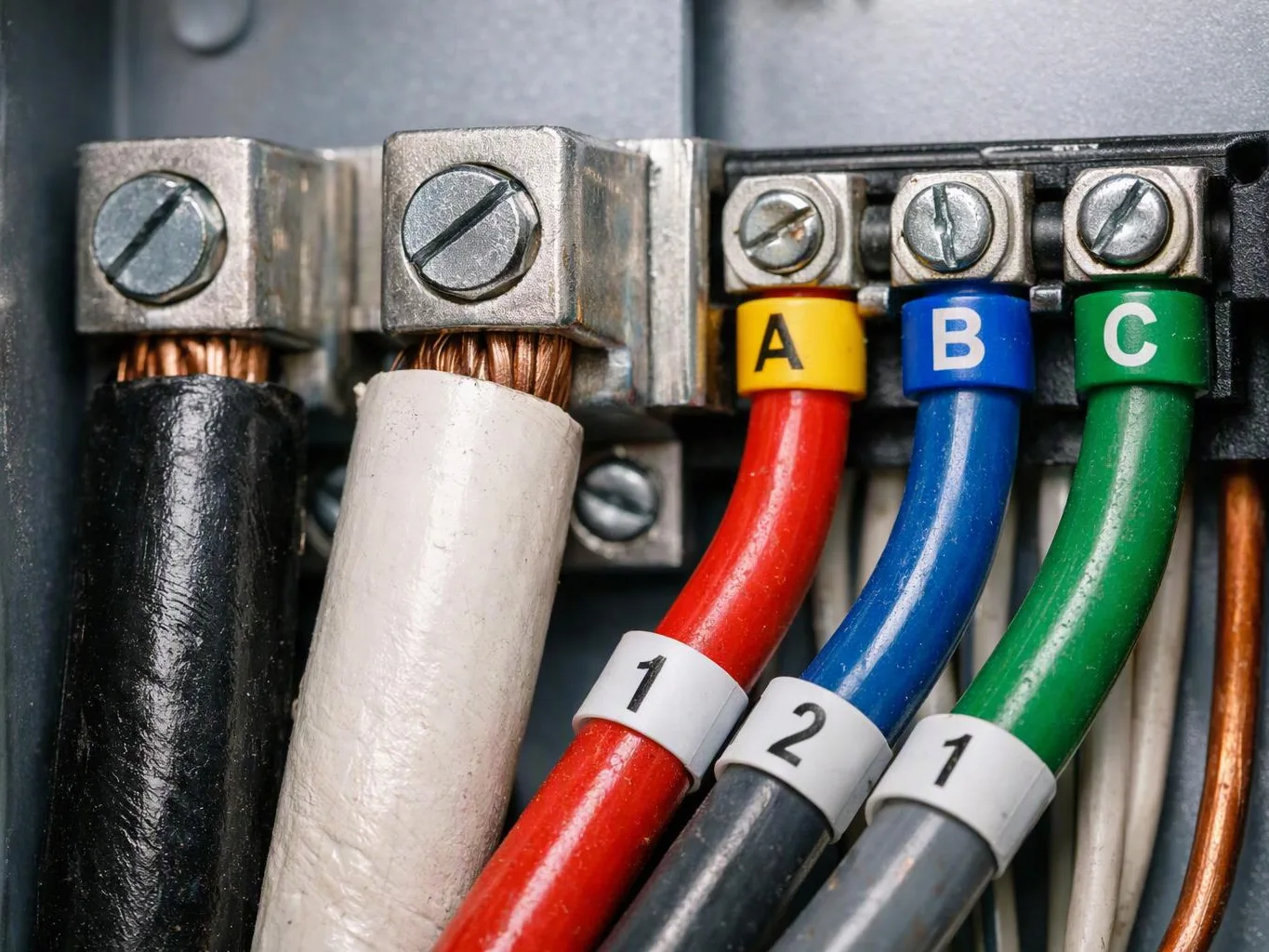 Close-up of electrical wires clamped into metal terminals, with colored cables labeled A, B, and C