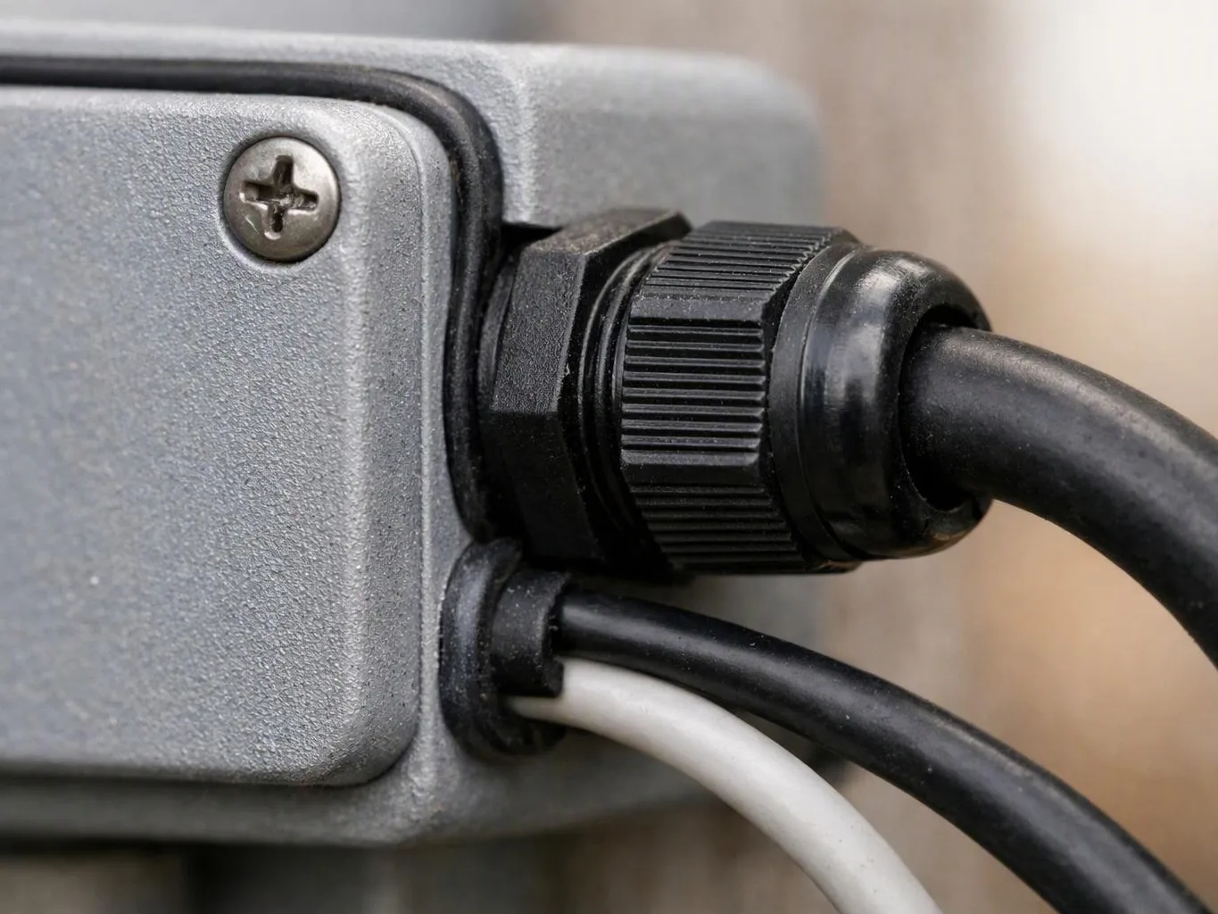 Close-up of a gray metal electrical box with black cables plugged into its side sockets