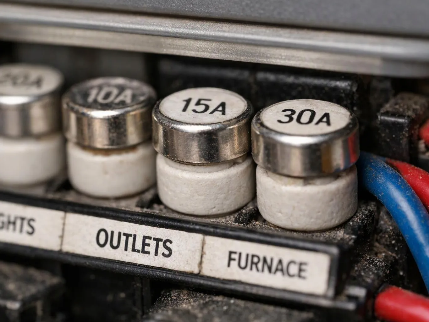 Close-up of labeled electrical fuses with metal caps and colored wires inside a dusty panel