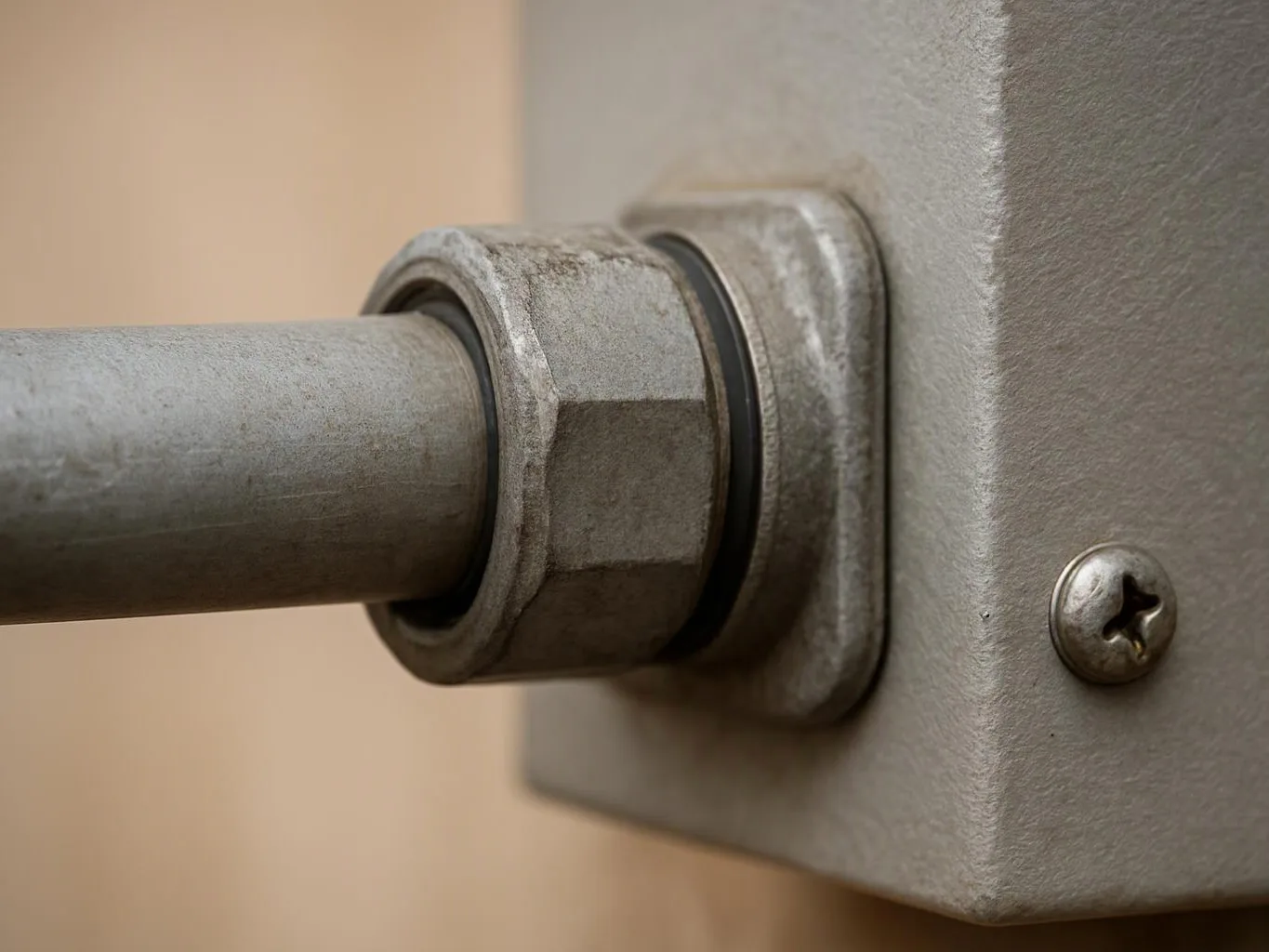 Close-up of a metal pipe secured to a gray box with a bolt and hex fitting
