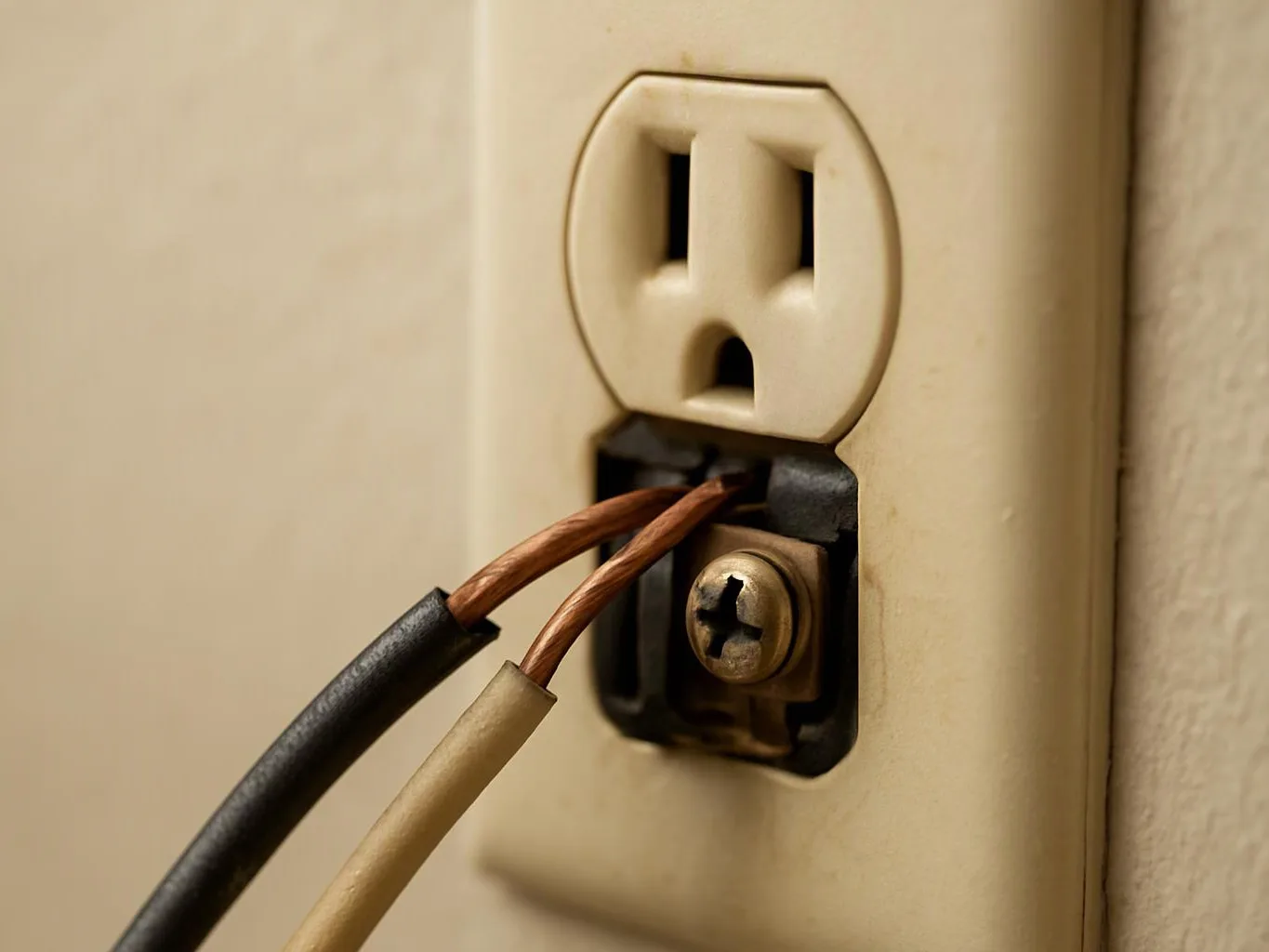 A close-up shows exposed black and white wires attached to a beige wall outlet with a screw terminal