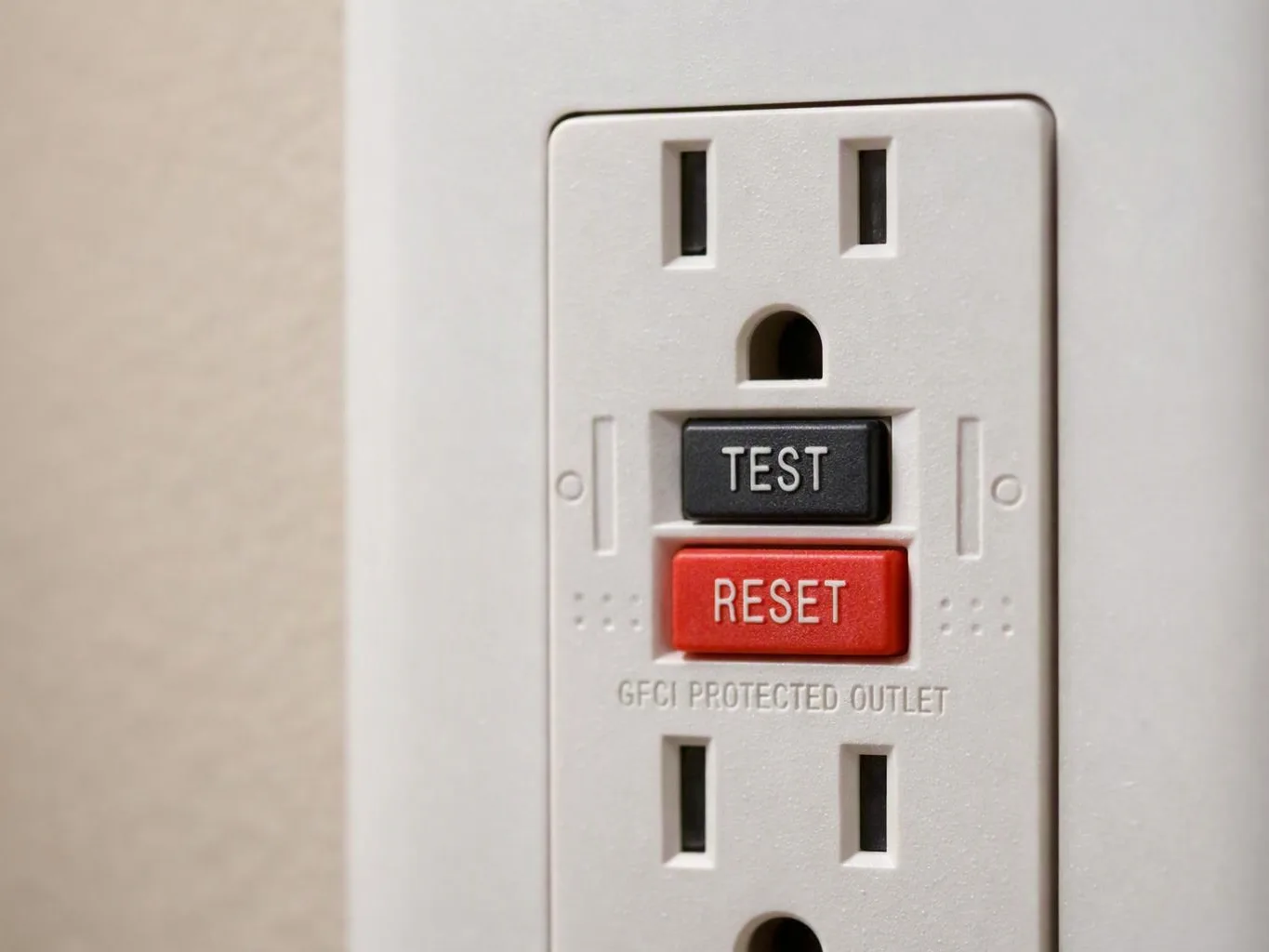 Close-up of a white GFCI outlet with black TEST and red RESET buttons on a wall