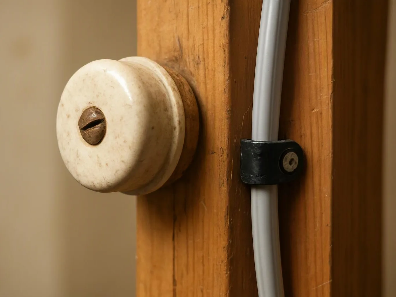 Close-up of a worn white ceramic knob and a gray cable clipped to a wooden post