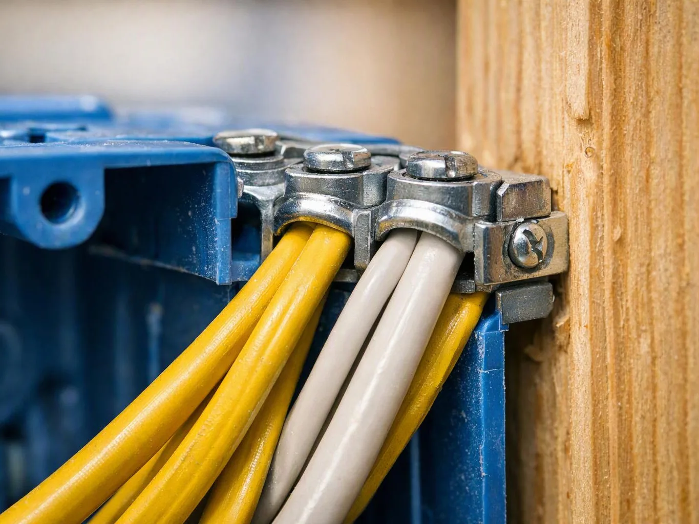 Close-up of yellow and white electrical wires clamped into a blue metal box beside wood framing