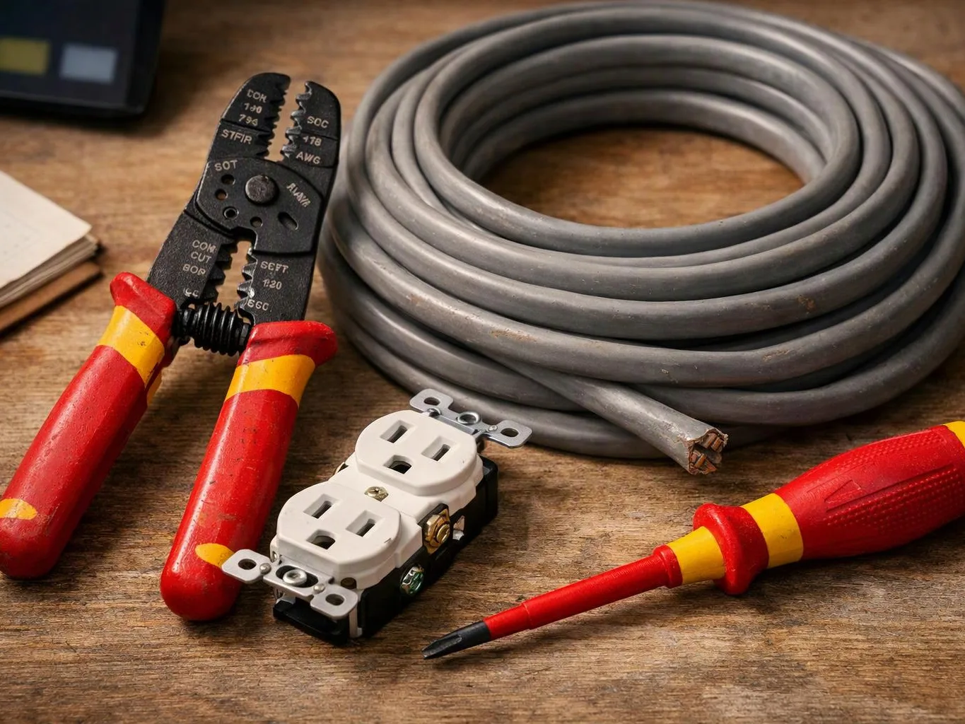 A coiled gray electrical cable sits beside wire strippers, an outlet, and a red screwdriver on a wooden table