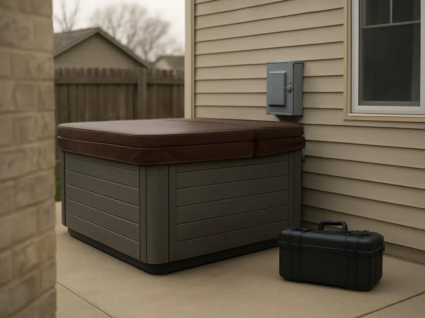 A covered outdoor hot tub sits beside a house wall, with a black case on the patio nearby