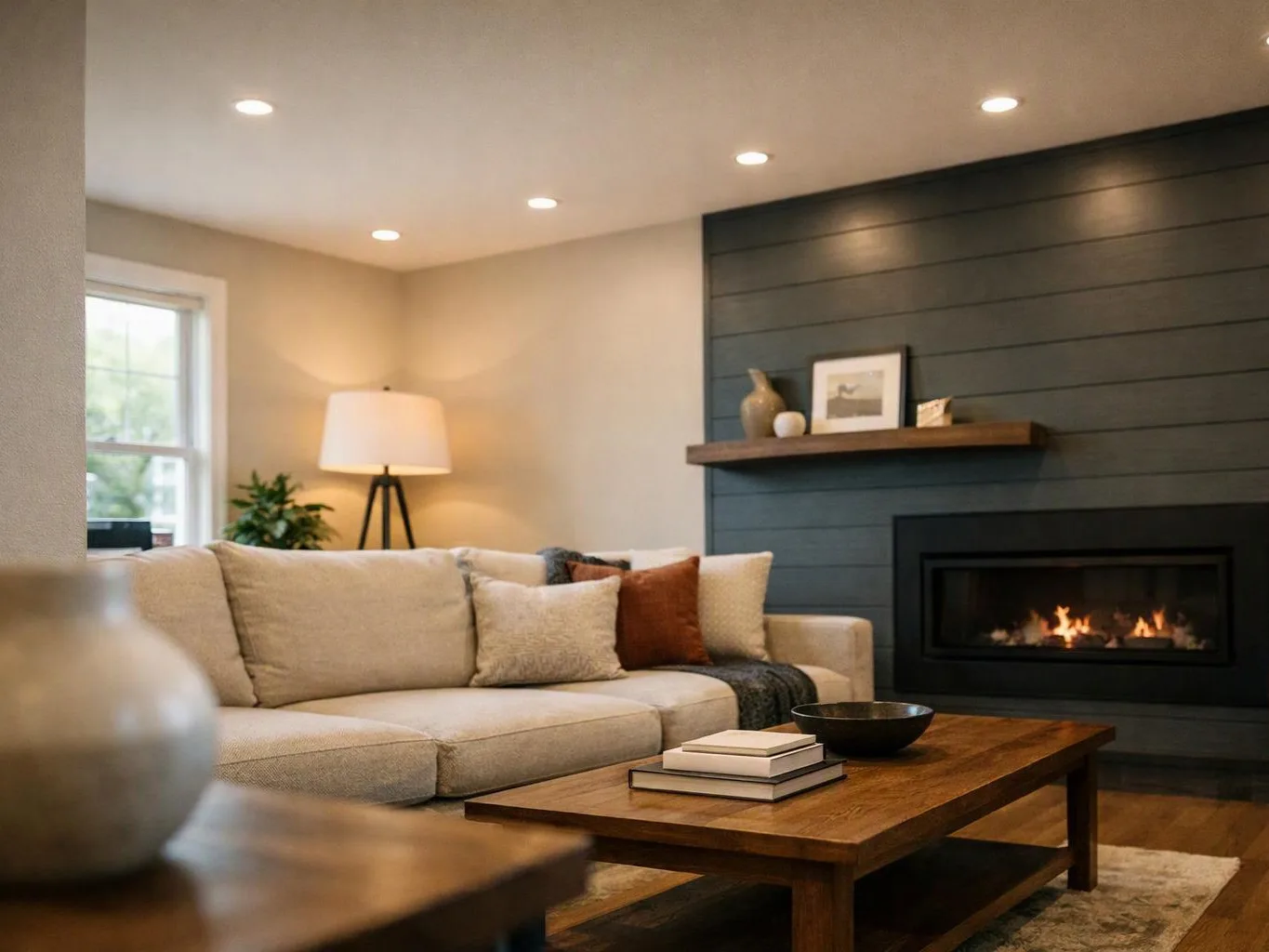 A cozy living room with a beige sofa, lit fireplace, wooden coffee table, and a floor lamp by the window