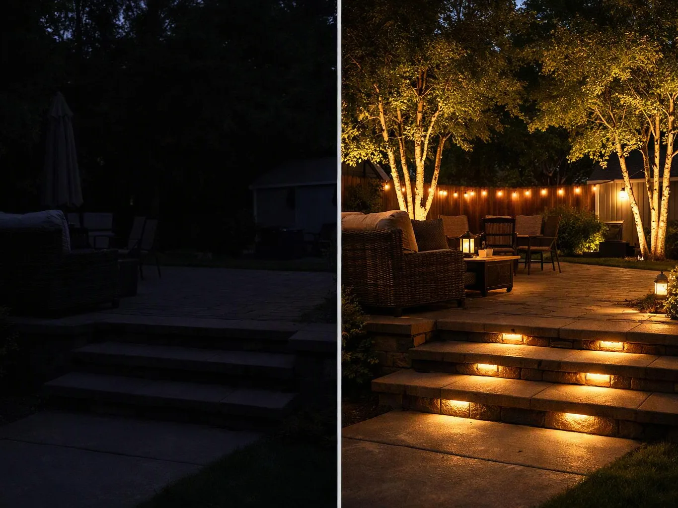 A dark backyard patio becomes warmly lit with steps, trees, outdoor chairs, and string lights at night