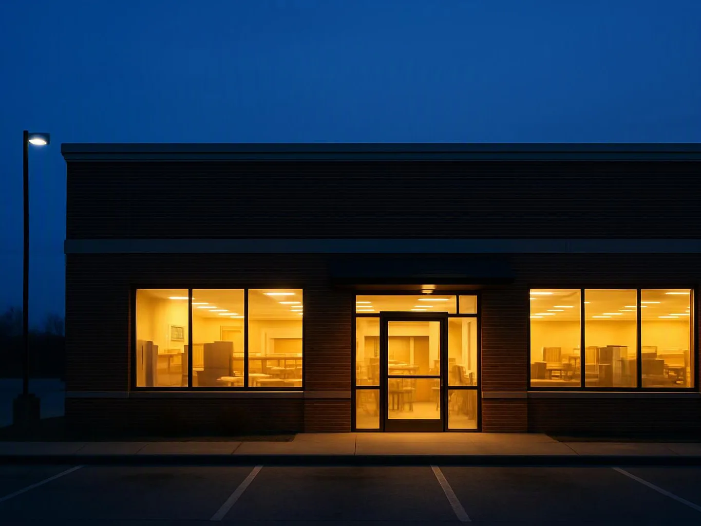 A dark storefront with glowing windows and a glass entrance sits beside an empty parking lot at dusk