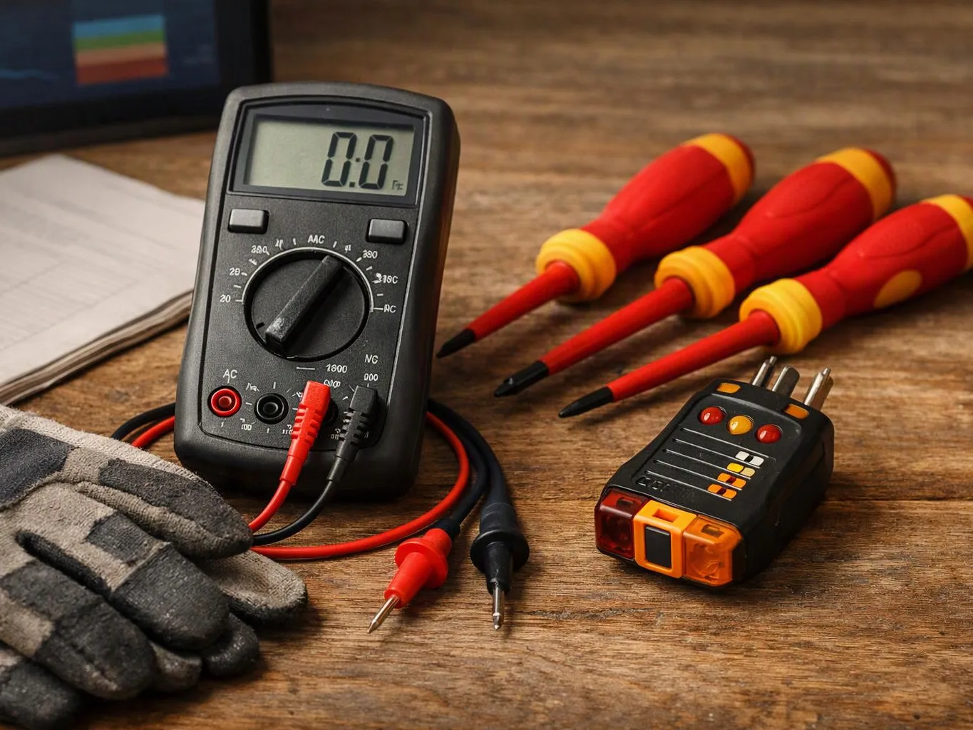 A digital multimeter, screwdrivers, a plug tester, leads, and work gloves lie on a wooden workbench