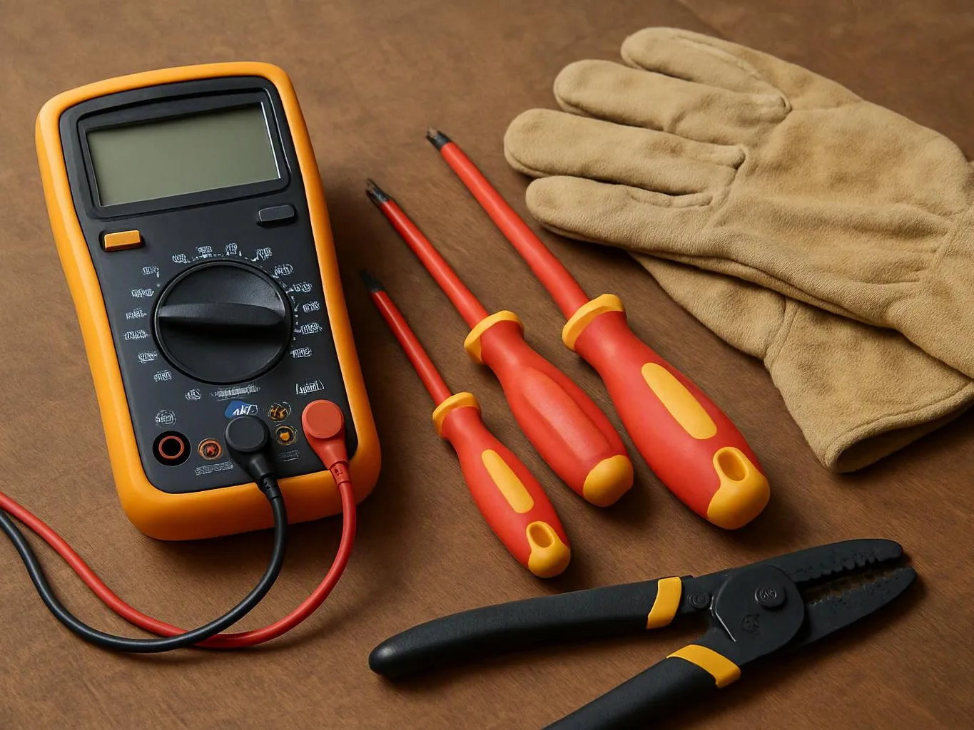A digital multimeter, three insulated screwdrivers, wire strippers, and work gloves lie on a wooden surface