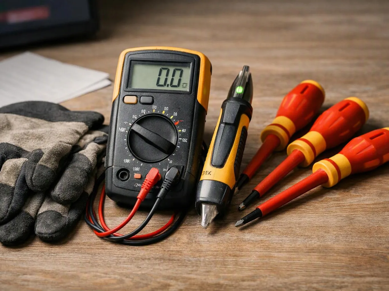 A digital multimeter, voltage tester, screwdrivers, and work gloves sit on a wooden table