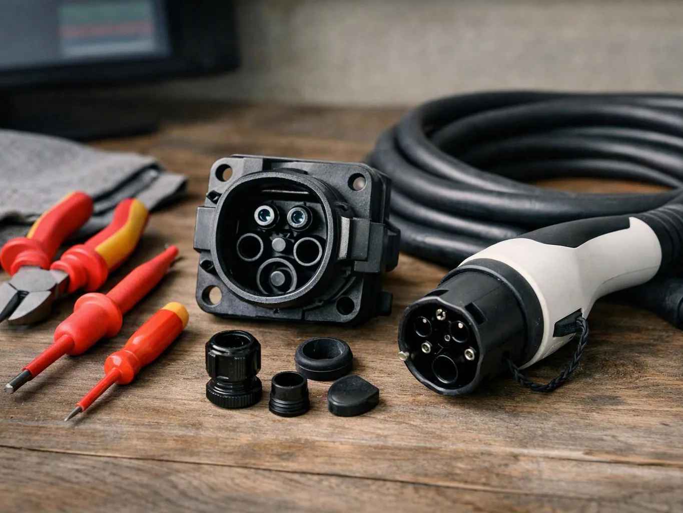 Electric charging cable parts and red screwdrivers lie on a wooden workbench