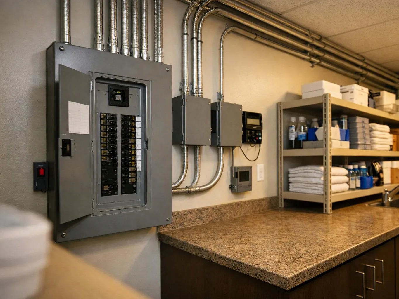 An electrical panel and metal conduit line a storage room wall beside shelves of folded towels and supplies