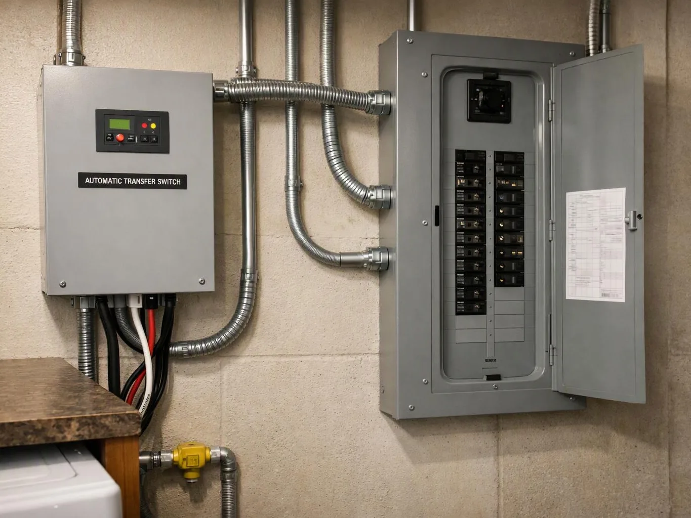 An electrical room wall holds a labeled automatic transfer switch and an open breaker panel connected by metal conduit