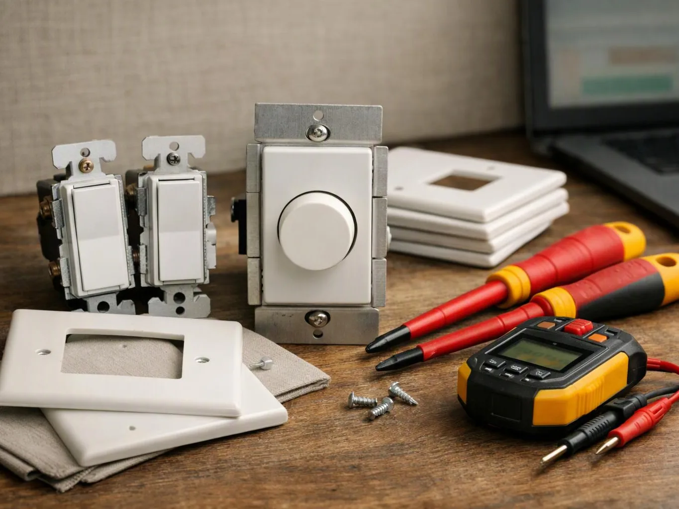 Electrical switches, wall plates, screwdrivers, screws, and a tester lie on a wooden workbench