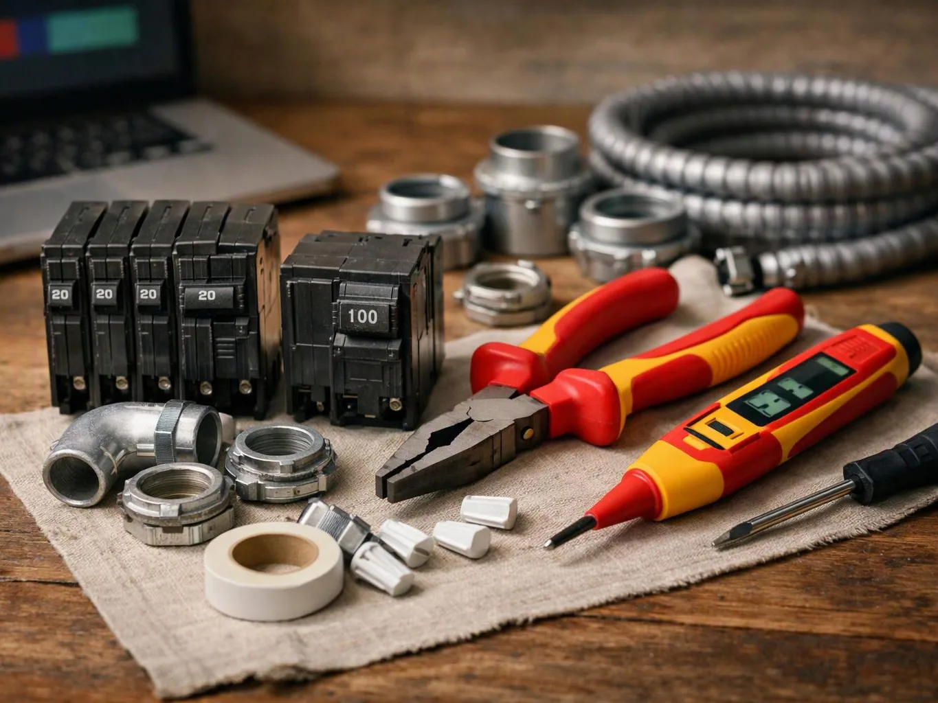 Electrical tools, circuit breakers, metal fittings, and a digital tester sit arranged on a cloth-covered wooden workbench
