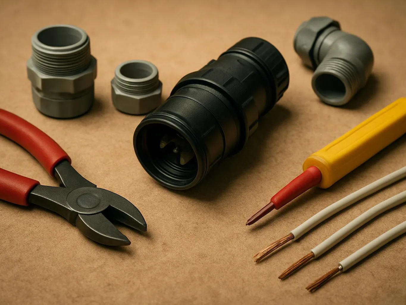Electrical tools and connectors lie on brown paper, including pliers, wires, a probe, and metal fittings