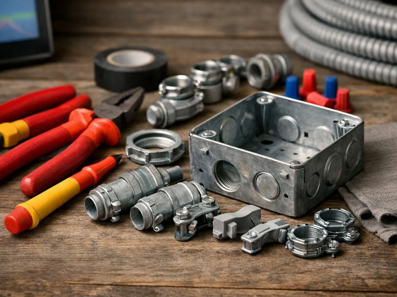 Electrical tools and metal conduit fittings are spread across a wooden workbench