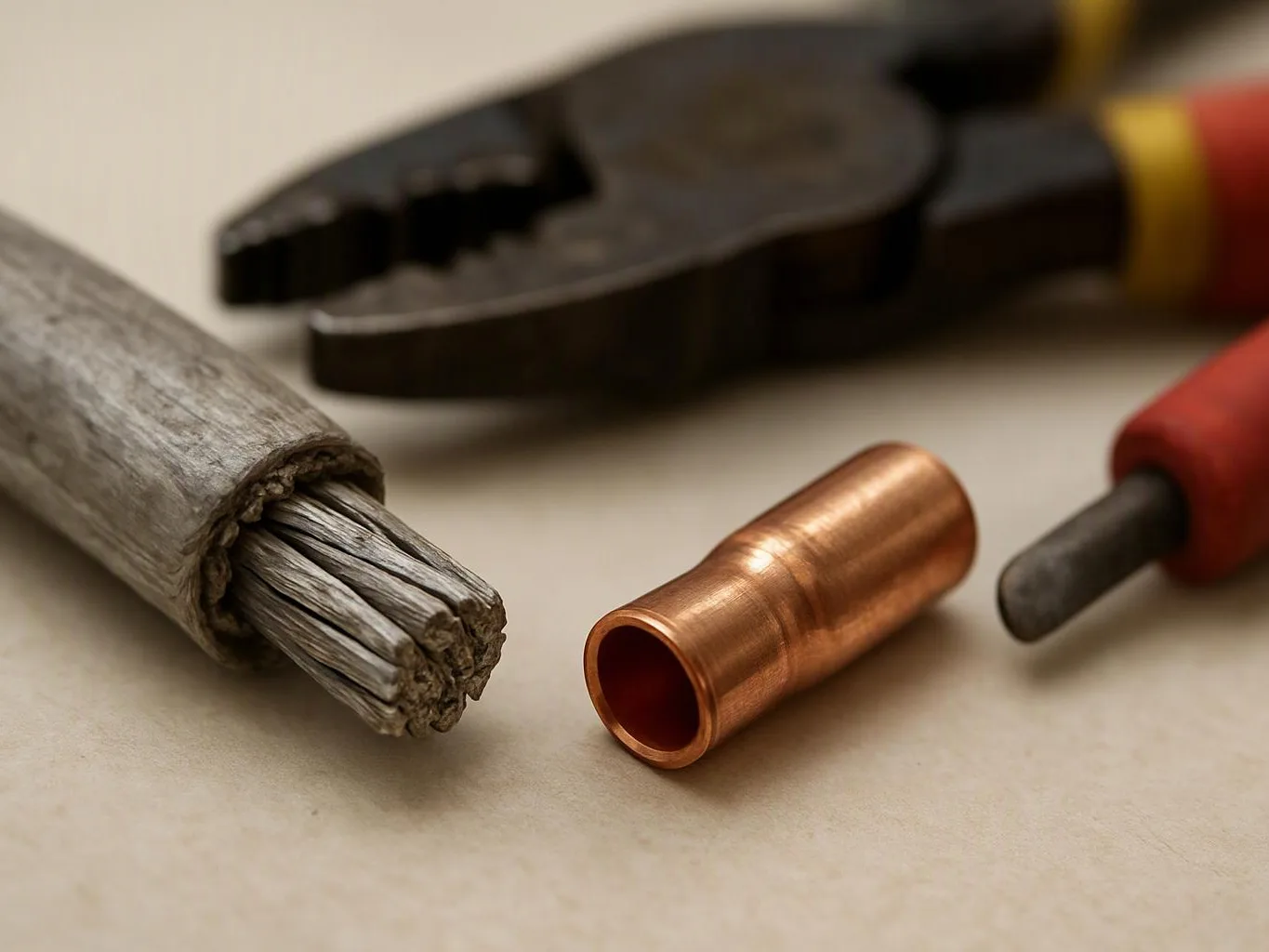 A frayed cable, copper connector, and wire stripper rest on a beige surface