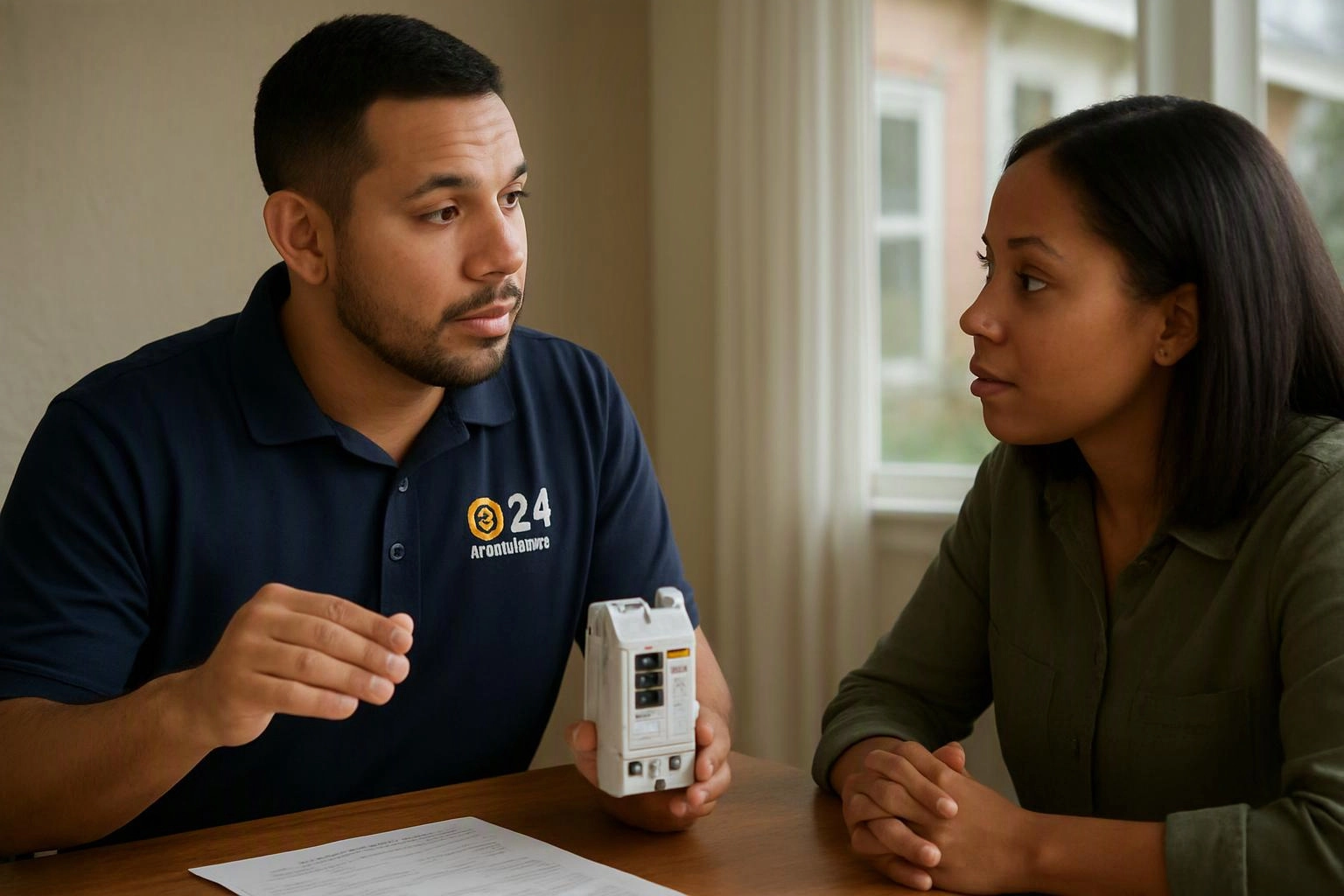 A man in a navy polo explains a small device to a woman at a table indoors