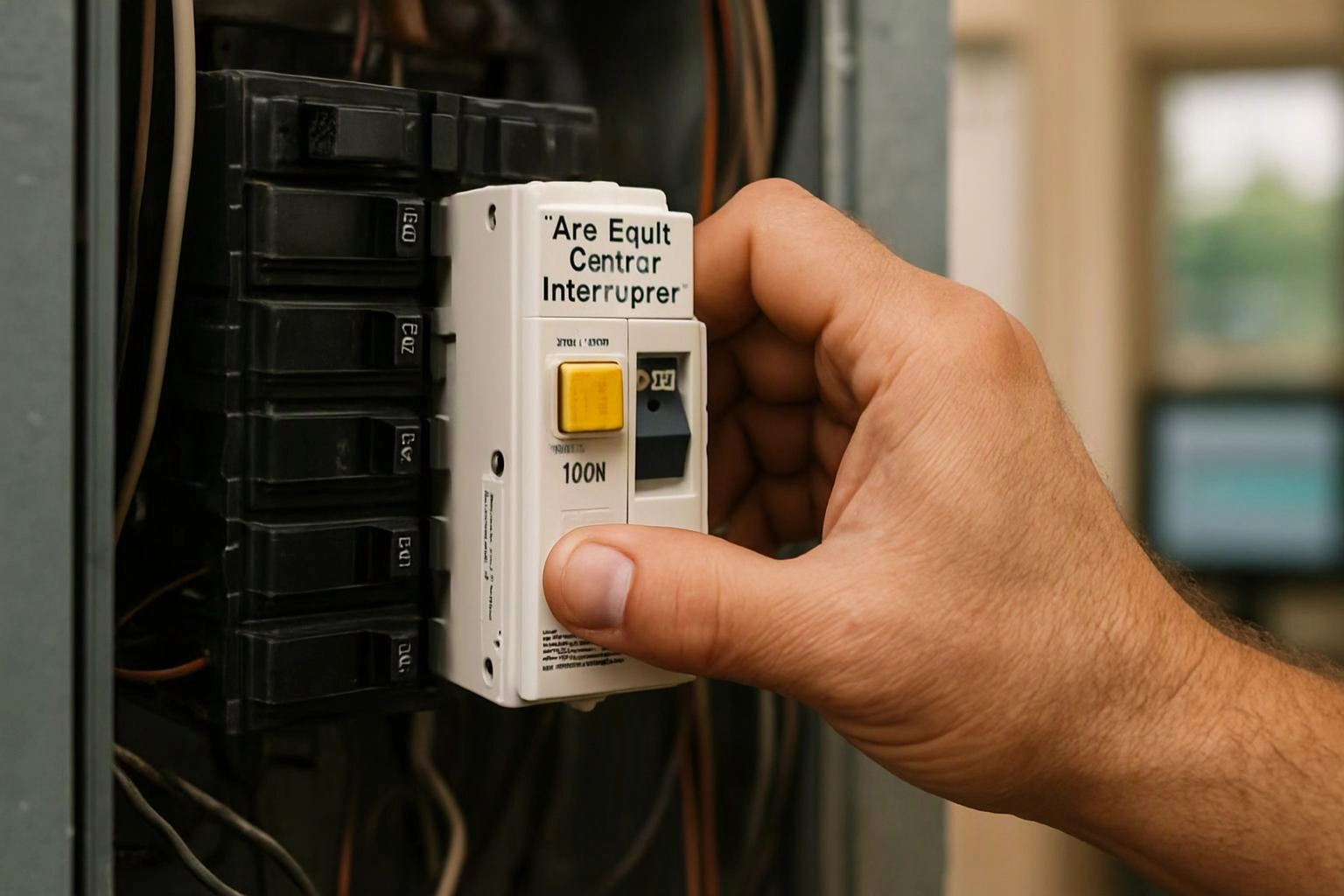 A hand flips a white circuit breaker inside an open electrical panel with black breaker switches and visible wires