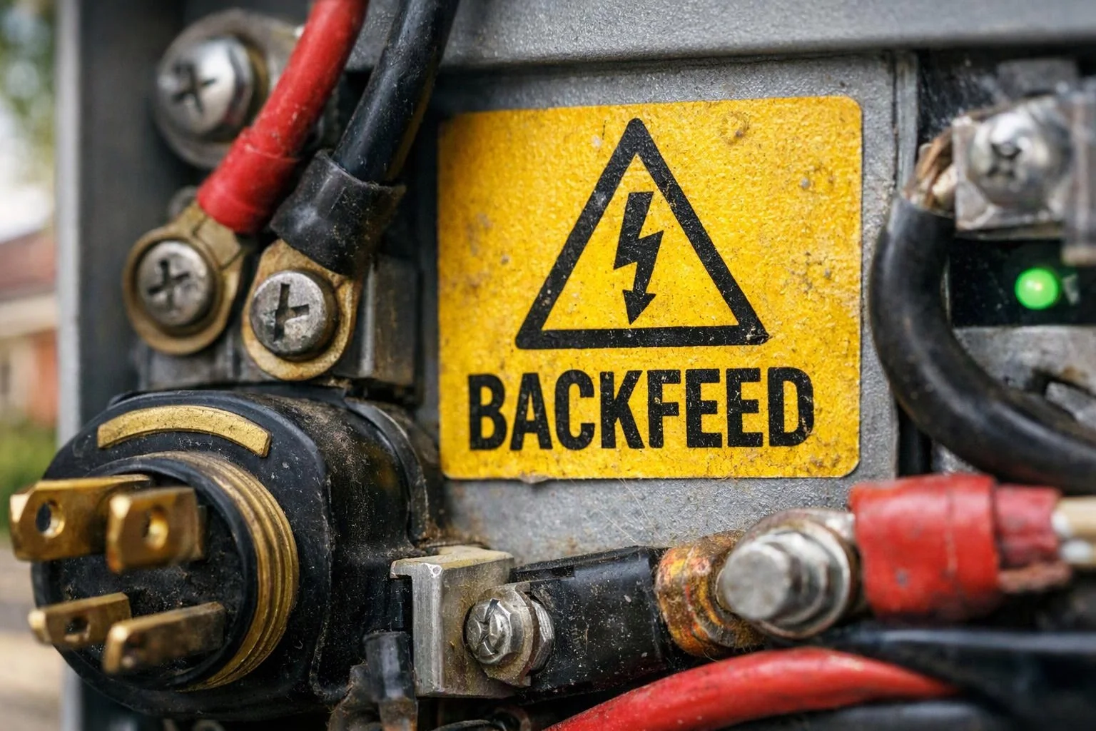 Close-up of electrical wiring and a yellow warning label reading “BACKFEED” on a metal panel