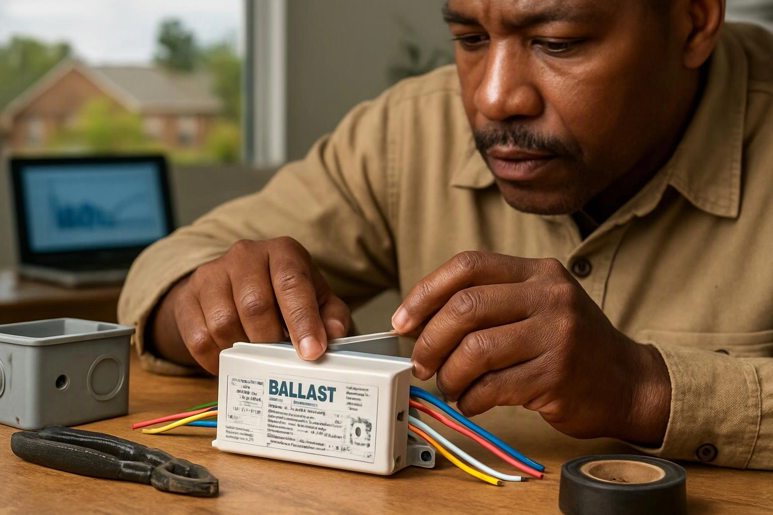 A man inspects a ballast wiring box on a wooden table, with tools and cables nearby