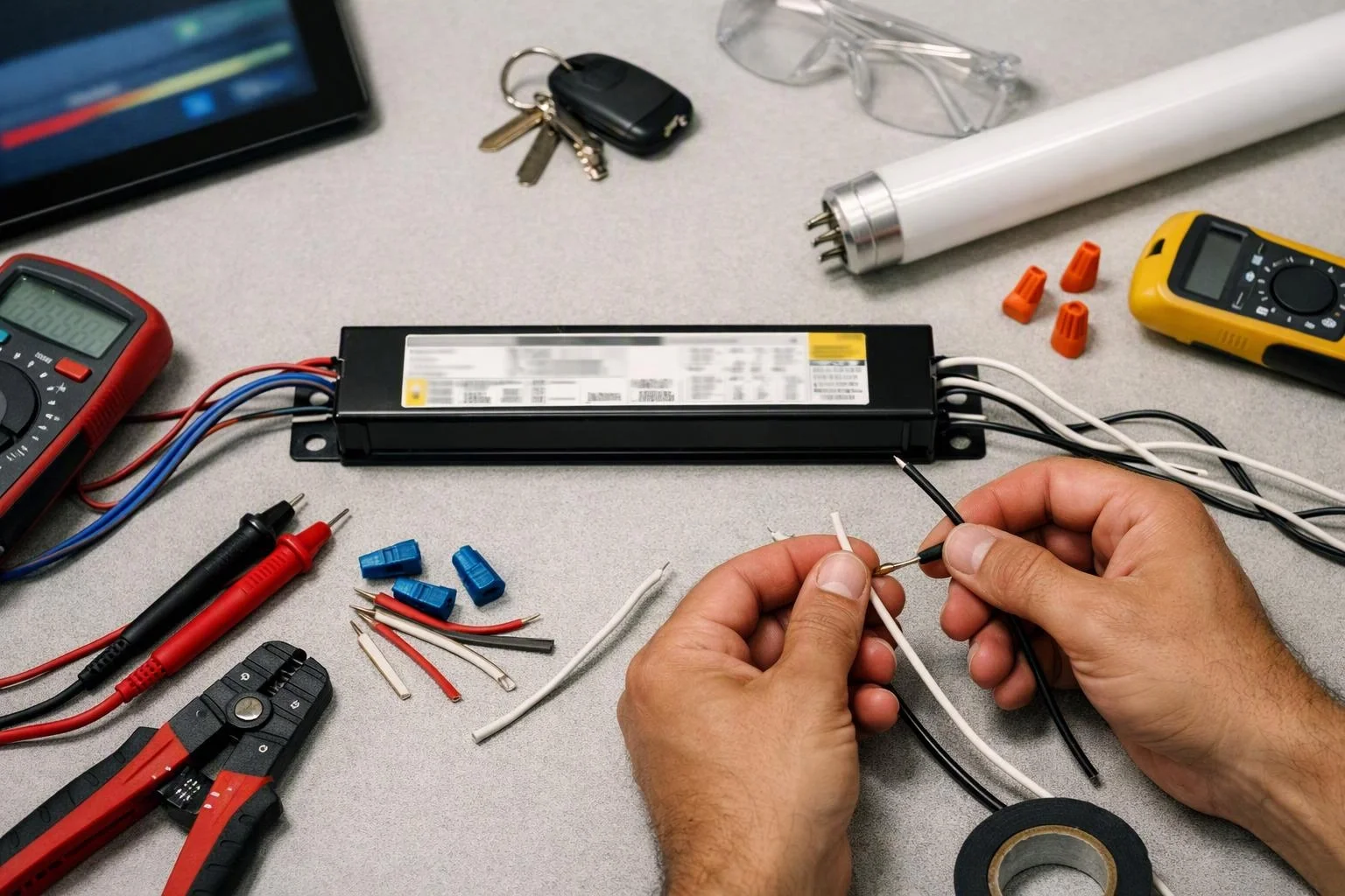 Hands strip a white wire beside a black electrical driver, with testing tools and connectors spread across a workbench