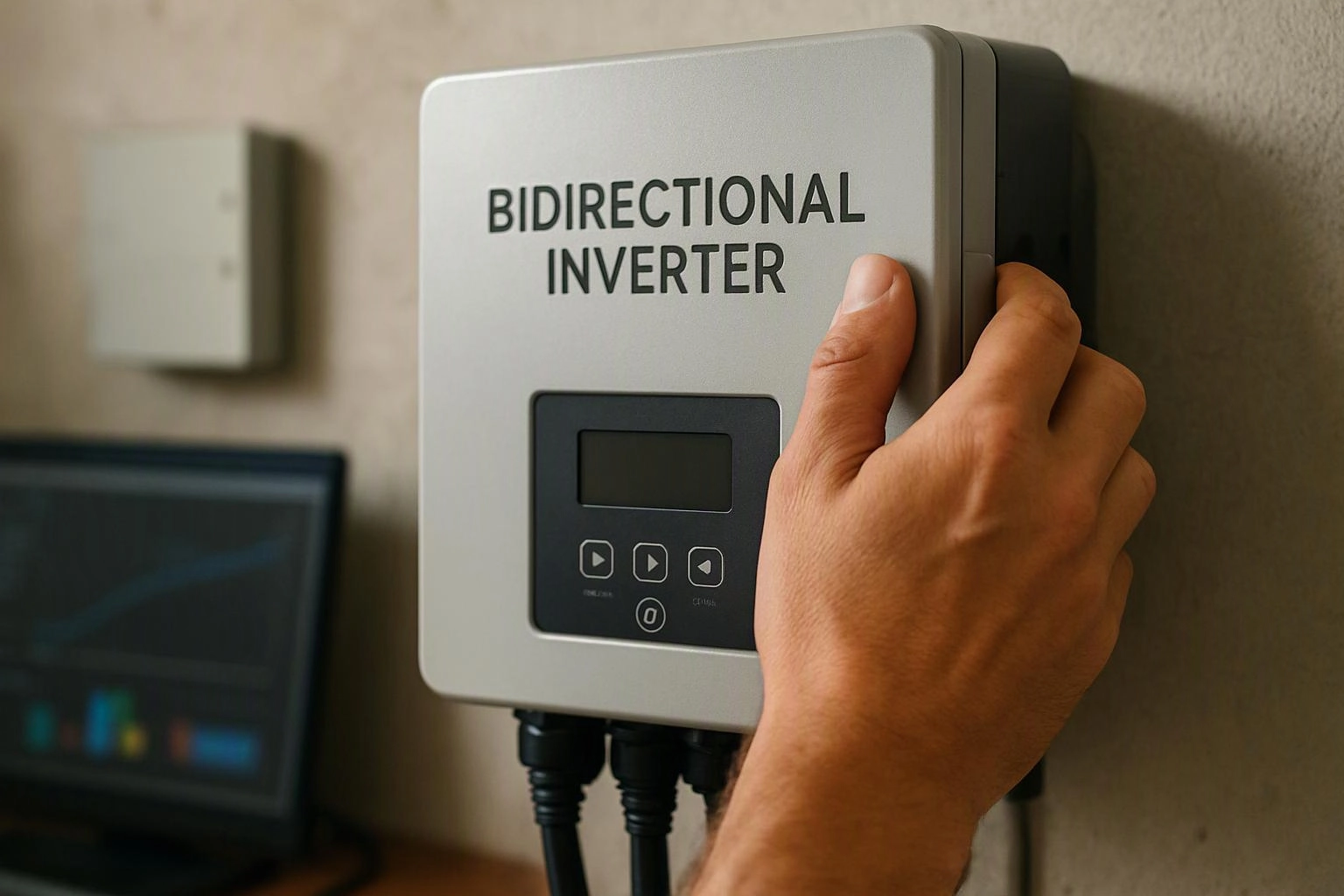 A hand adjusts a wall-mounted device labeled “BIDIRECTIONAL INVERTER” beside a blurred monitor and cables