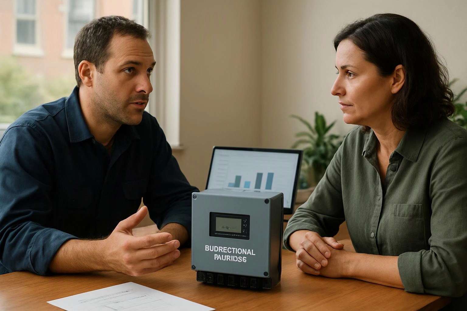 A man and woman talk across a table beside a small gray device and a laptop showing a bar chart