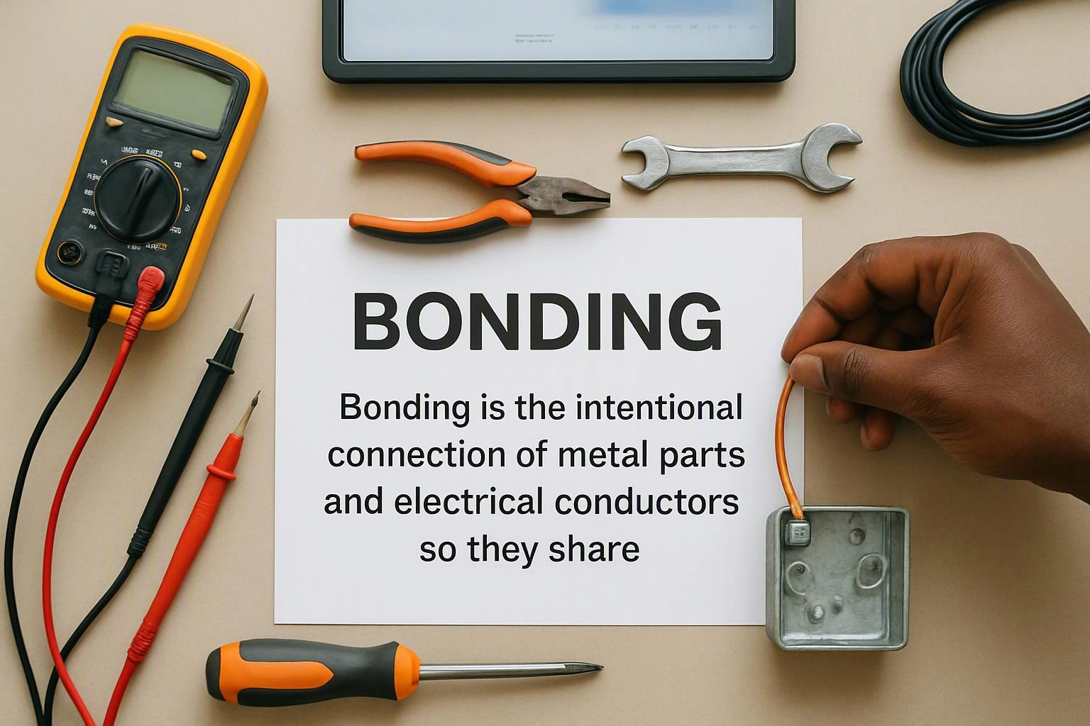 A hand holds an orange wire into a metal box beside a bonding definition sheet and tools